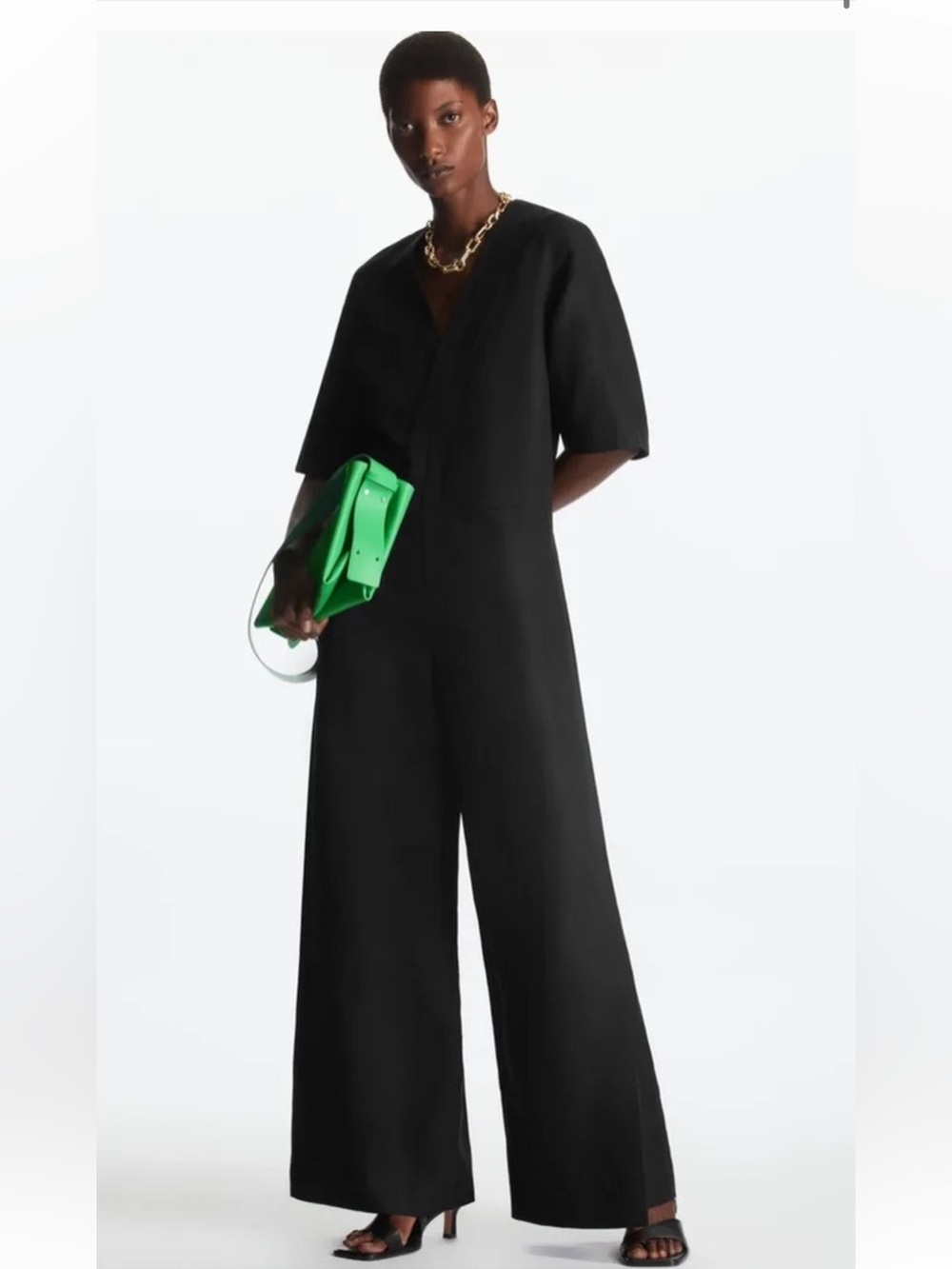 Cos Linen Blend V Jumpsuit Black Short Sleeve Jumpsuit